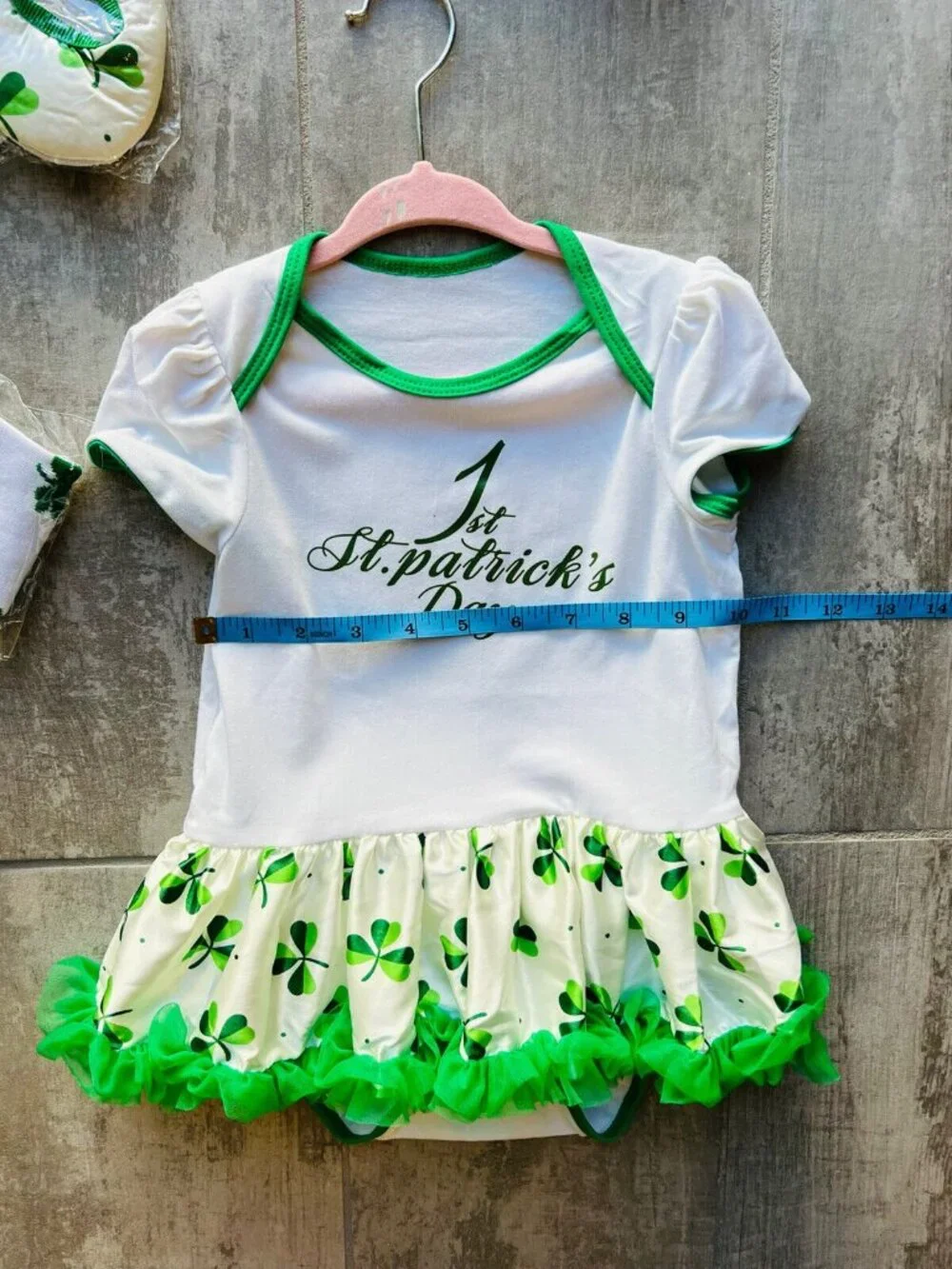 1st St. Patrick's Day Outfit Baby Girl Set Dress Crib Shoes Leg Warmers NEW 12m